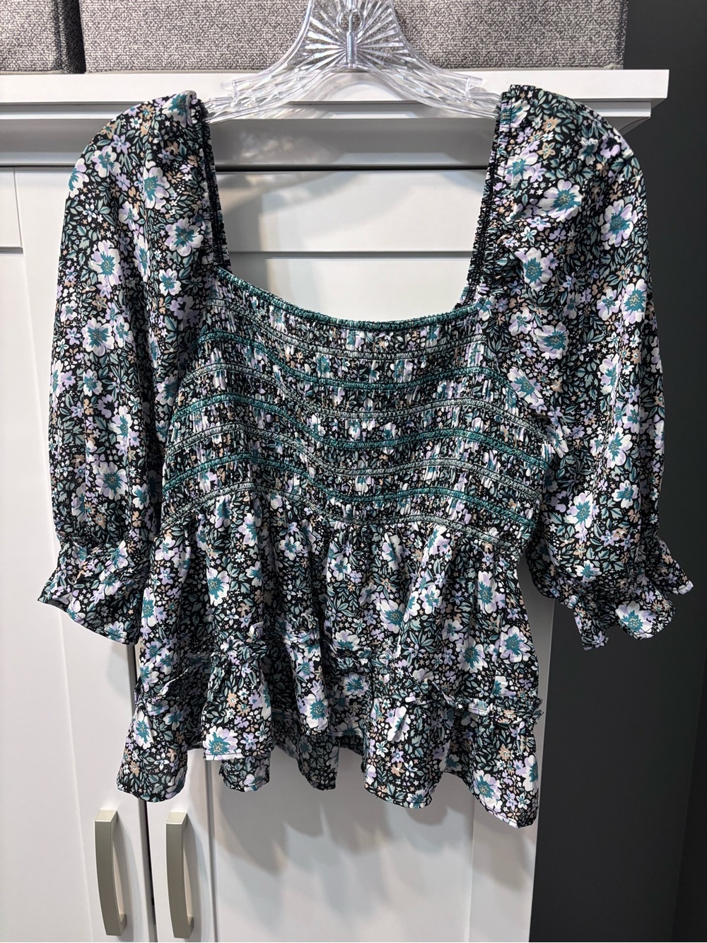 American Eagle Outfitters Floral Smocked Peasant Top Black Teal White EUC Size M